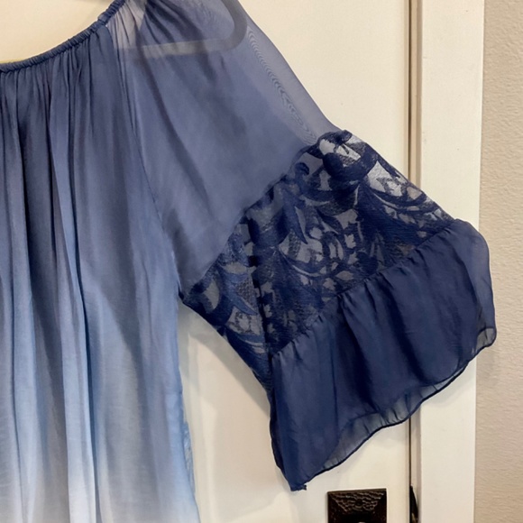 M Made in Italy lined Silk Blend Blue/White Pullover Blouse w/Bell Sleeves-L - Picture 3 of 6